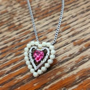 Avon Dear Heart Pendant Necklace Faux Pearl Pink Rhinestone Silver Tone Vintage